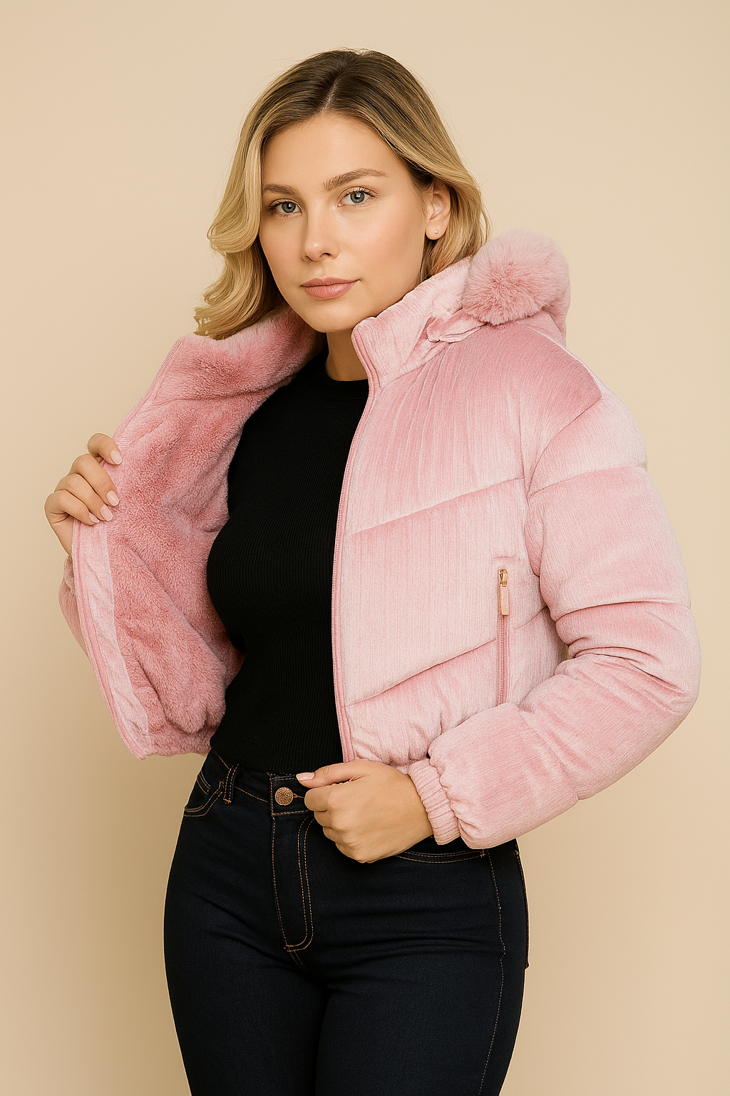 Jaqueta Puffer Veludo Gorro Removível - Lunara