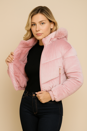 Jaqueta Puffer Veludo Gorro Removível - Lunara