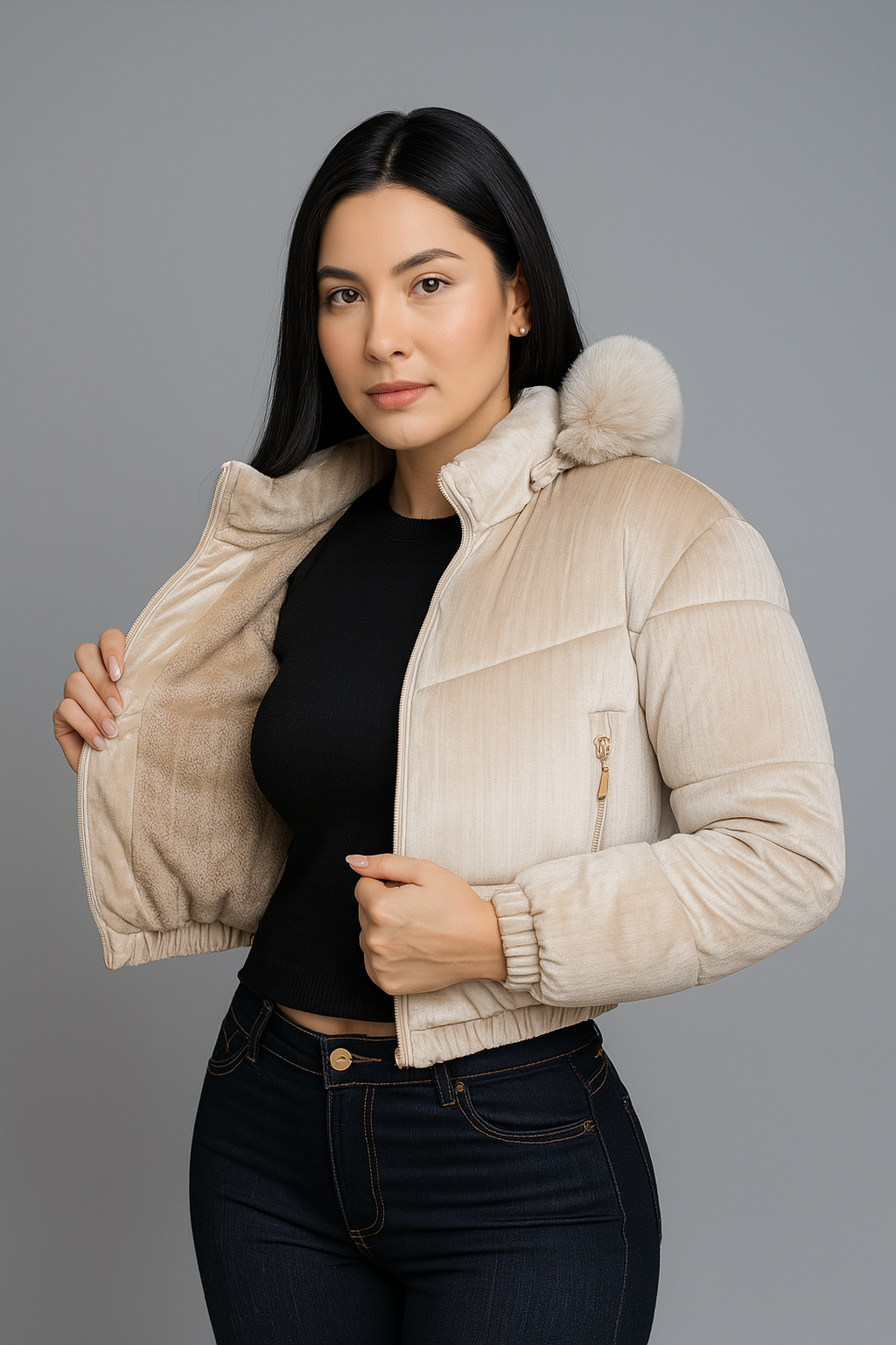 Jaqueta Puffer Veludo Gorro Removível - Lunara