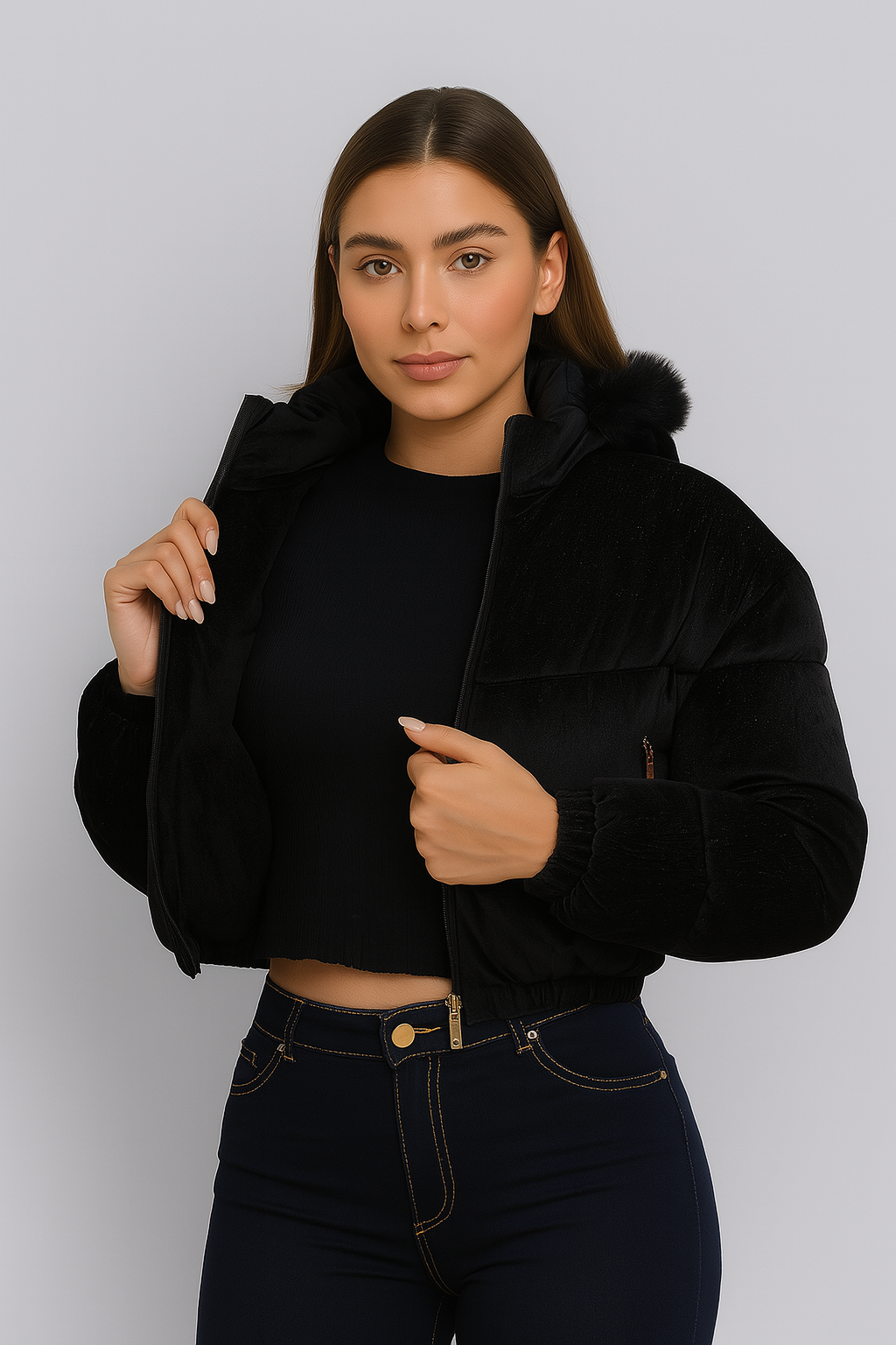 Jaqueta Puffer Veludo Gorro Removível - Lunara