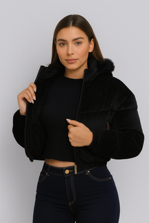 Jaqueta Puffer Veludo Gorro Removível - Lunara