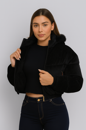 Jaqueta Puffer Veludo Gorro Removível - Lunara