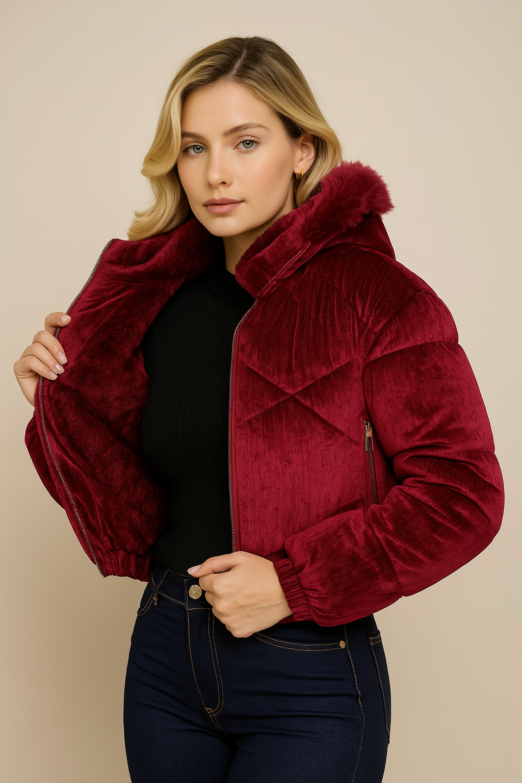 Jaqueta Puffer Veludo Gorro Removível - Lunara