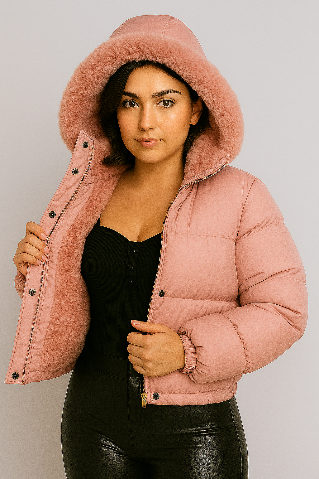 Jaqueta Puffer Peluciada de Couro - Lunara