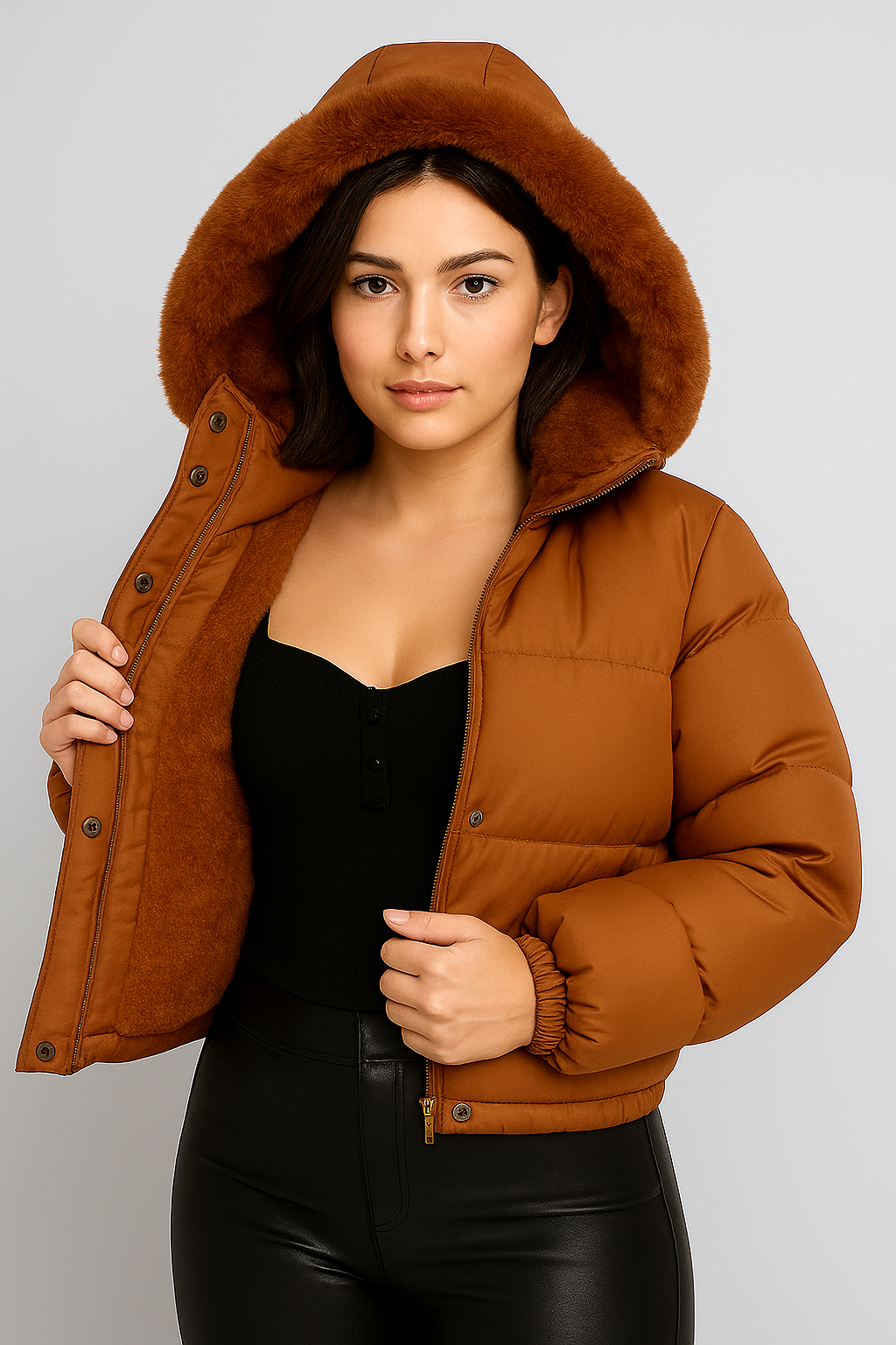 Jaqueta Puffer Peluciada de Couro - Lunara