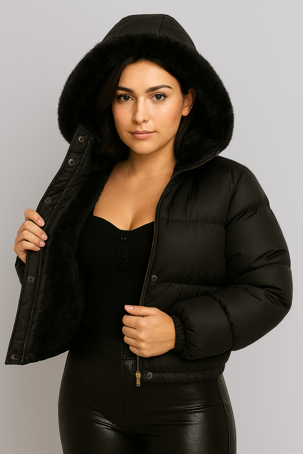 Jaqueta Puffer Peluciada de Couro - Lunara
