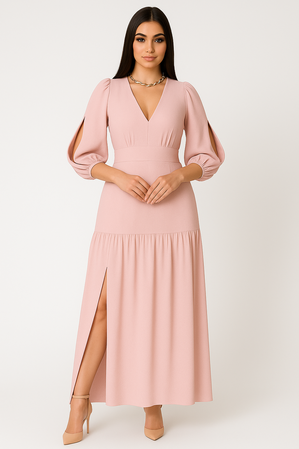 Vestido Longo Fenda Lateral Manga Longa - Lunara