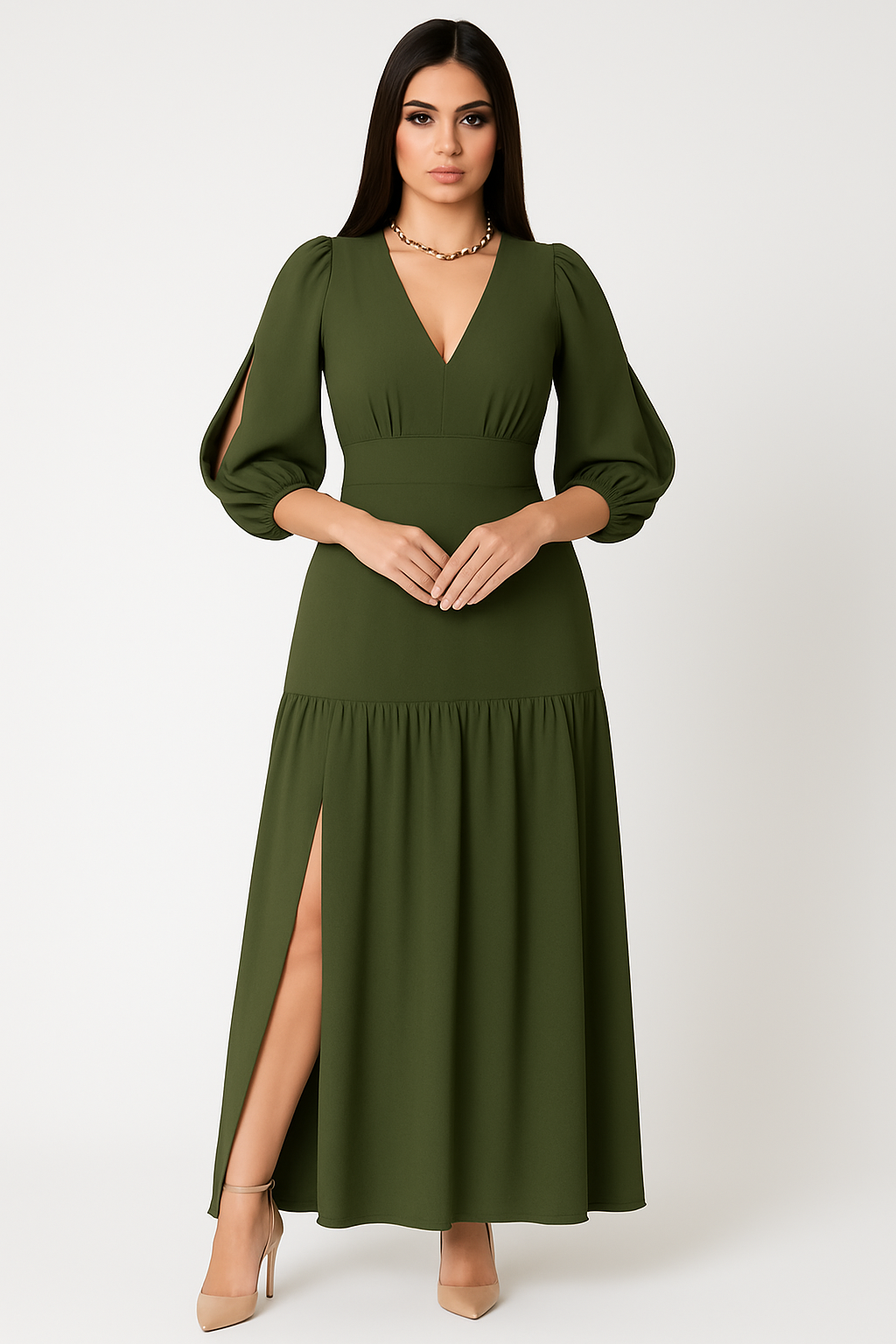 Vestido Longo Fenda Lateral Manga Longa - Lunara