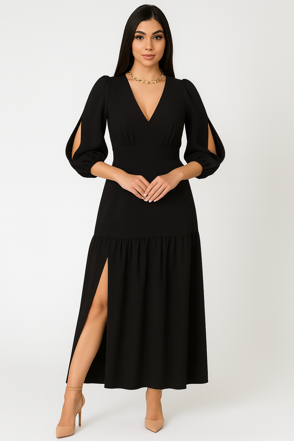 Vestido Longo Fenda Lateral Manga Longa - Lunara