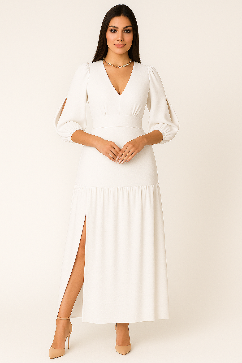 Vestido Longo Fenda Lateral Manga Longa - Lunara