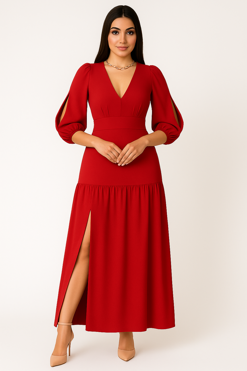 Vestido Longo Fenda Lateral Manga Longa - Lunara