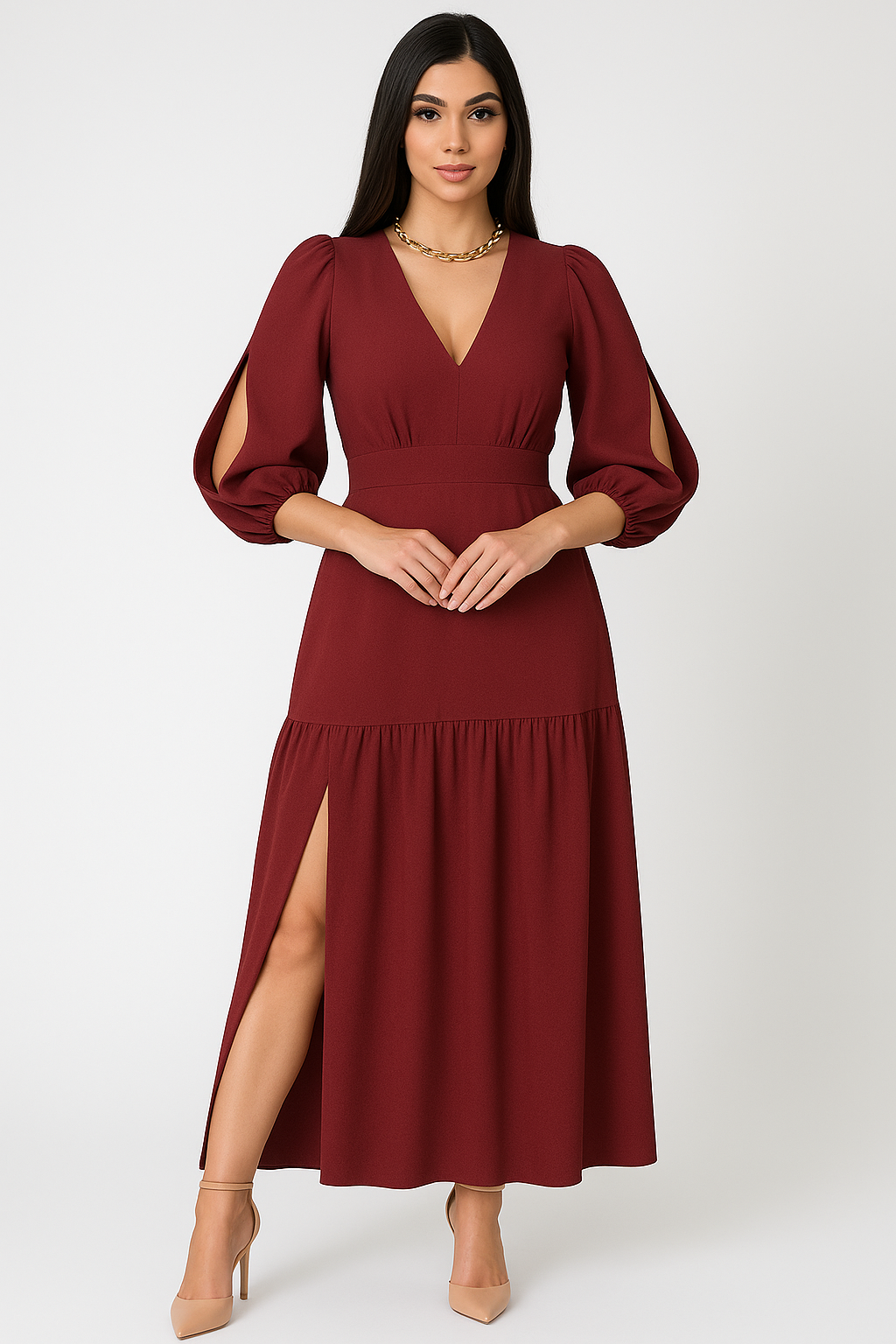Vestido Longo Fenda Lateral Manga Longa - Lunara